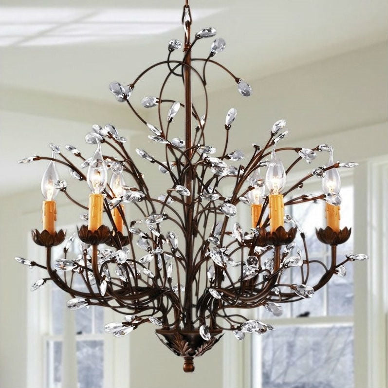 Antique Bronze 6-light Crystal and Iron Chandelier-0