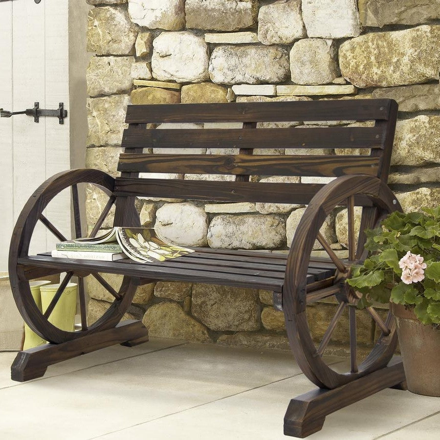 2 Person Farmhouse Wagon Wheel Wooden Bench-1