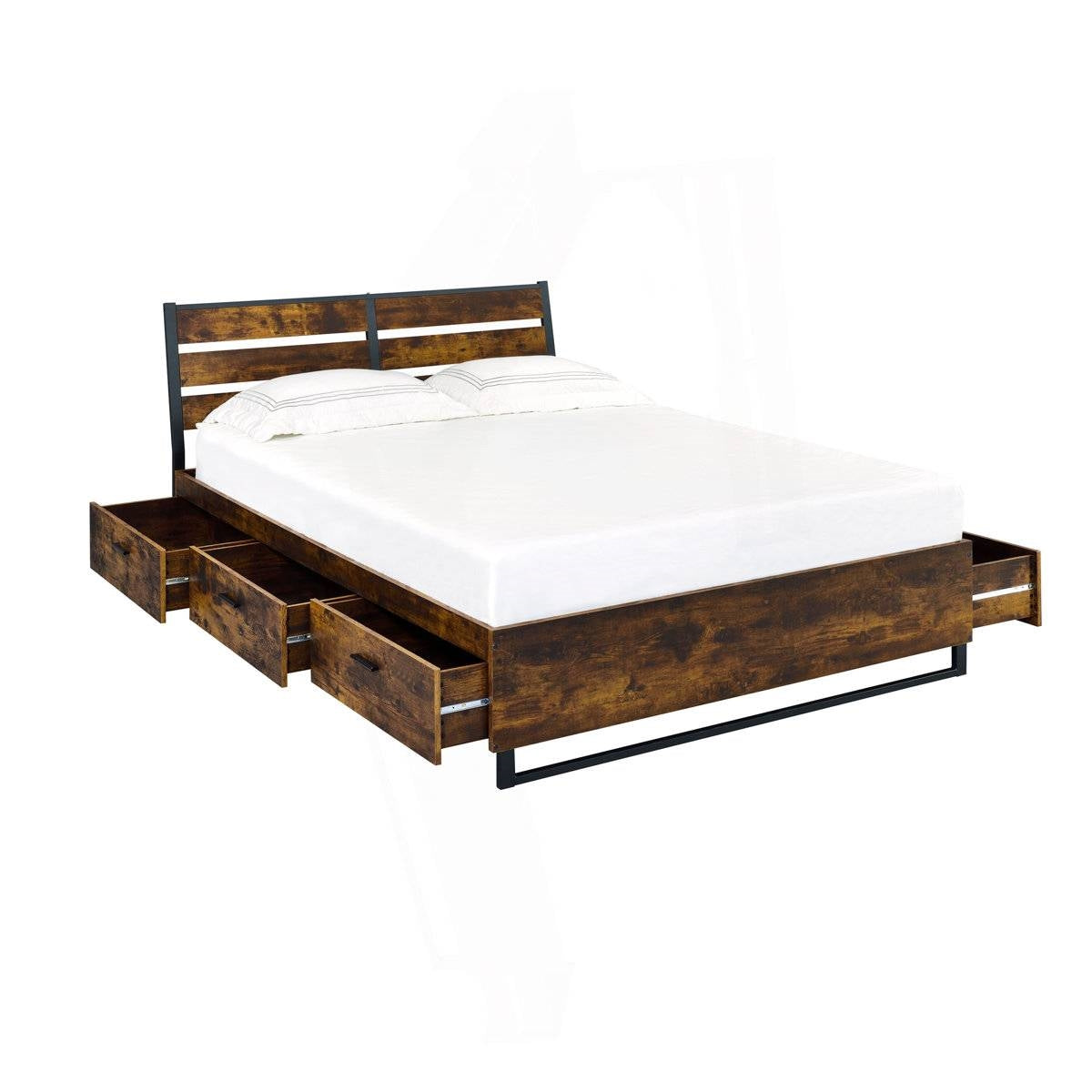 King Size Industrial Slatted Headboard Platform Bed Frame with 6 Storage Drawers-0