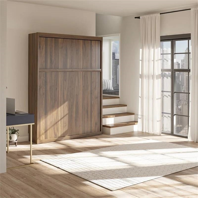 Queen size Murphy Bed Space Saving Wall Mounted Design in Walnut Finish-3