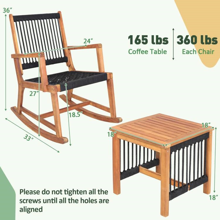 3 Piece Outdoor Wood Patio Furniture Rocking Chair Table Bistro Set-2