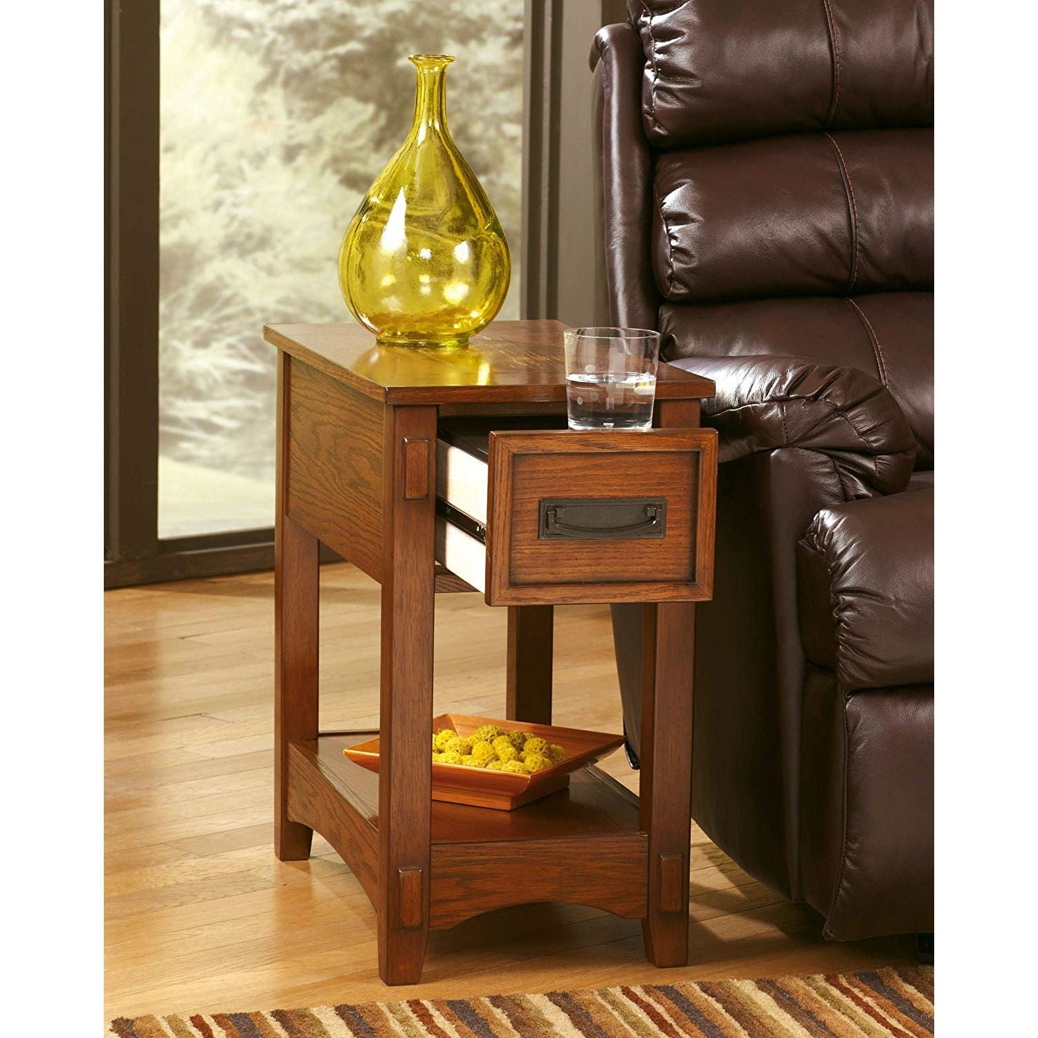 Mission Style 1-Drawer End Table Nightstand in Brown Wood Finish-3