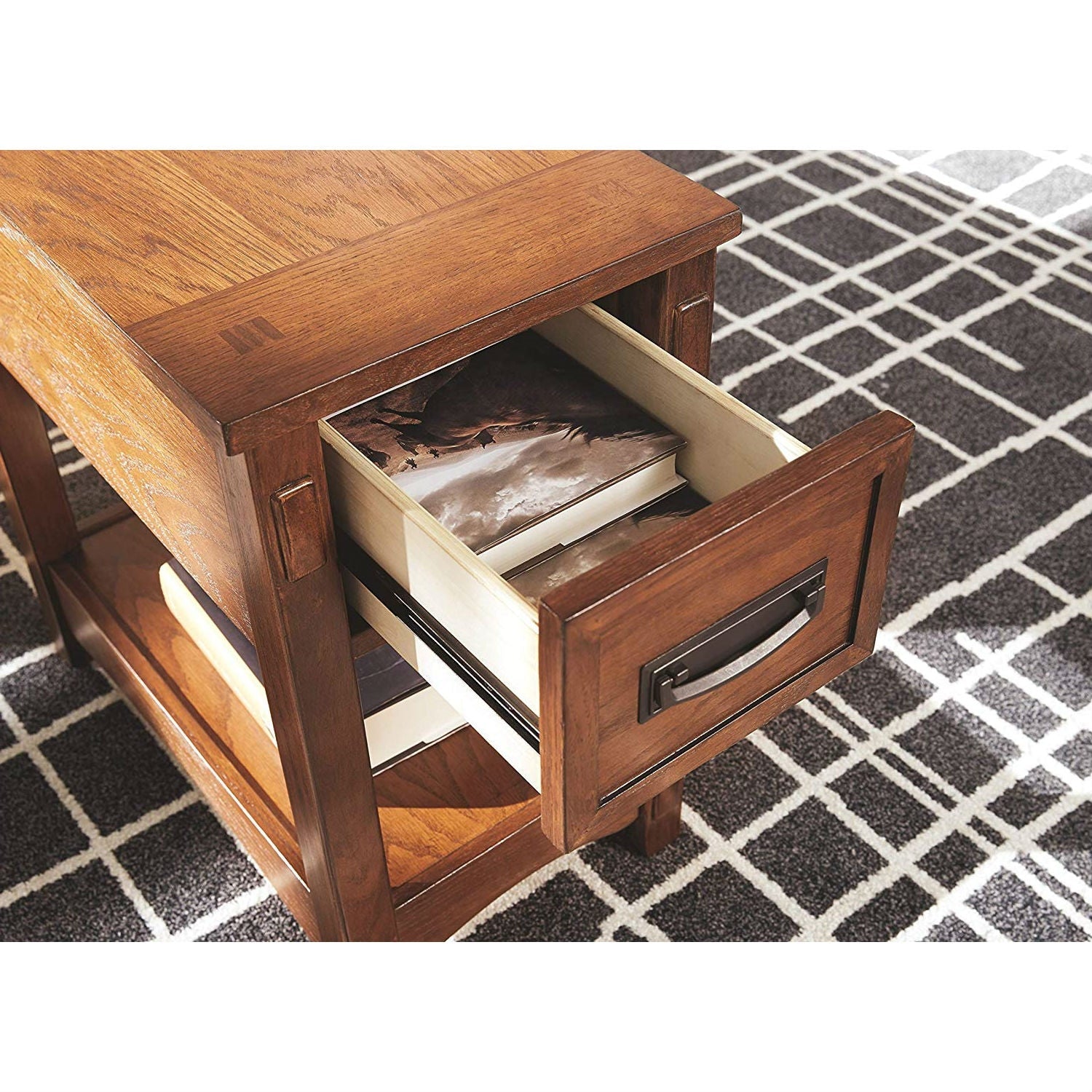 Mission Style 1-Drawer End Table Nightstand in Brown Wood Finish-4