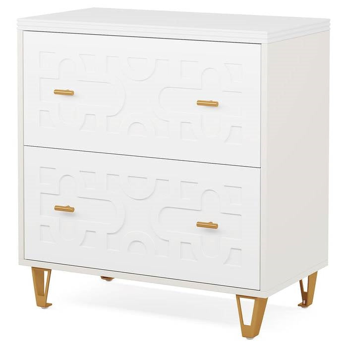 Retro White/Gold Geometric Scroll 2 Drawer Filing Cabinet Printer Stand-0