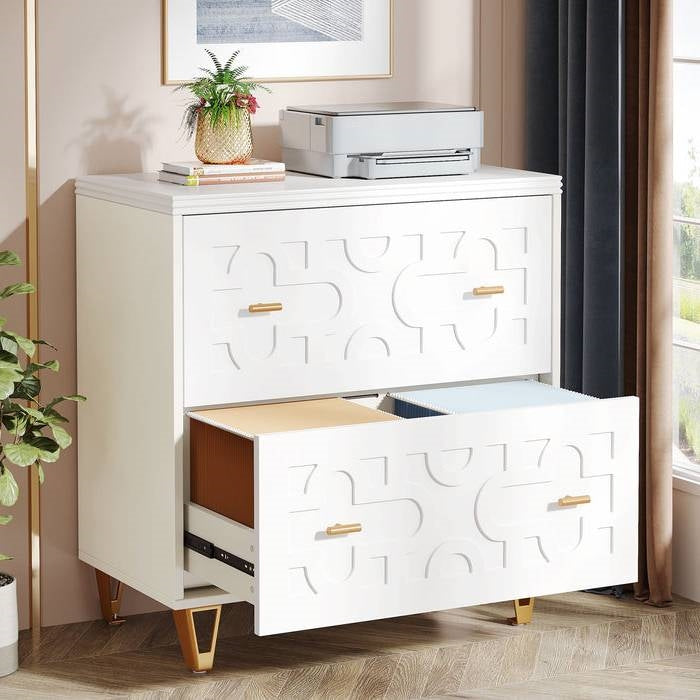 Retro White/Gold Geometric Scroll 2 Drawer Filing Cabinet Printer Stand-2