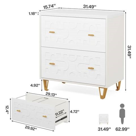 Retro White/Gold Geometric Scroll 2 Drawer Filing Cabinet Printer Stand-4