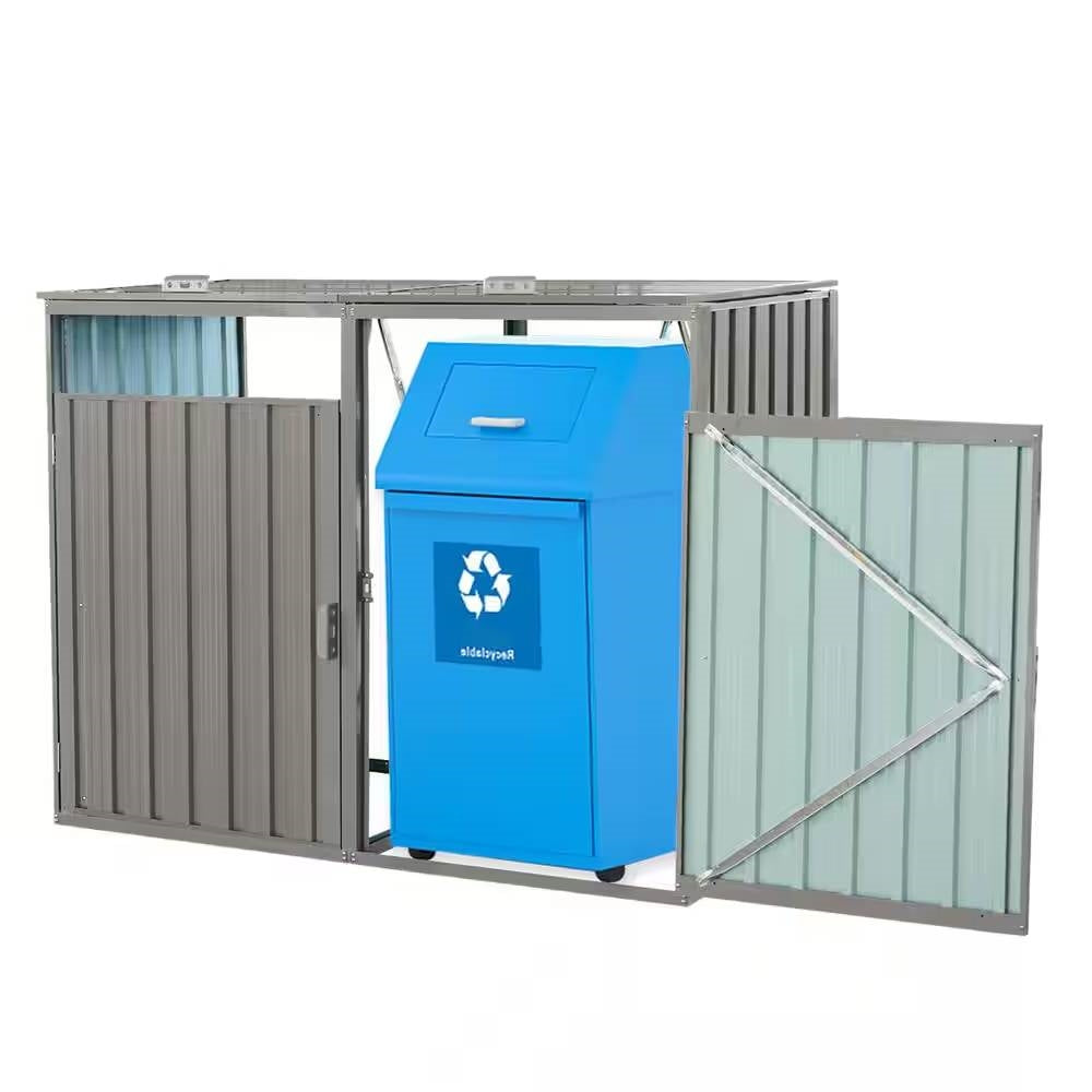 Outdoor Grey Galvanized Steel Garbage Bin Storage Shed - Holds 2 Trash Cans-1