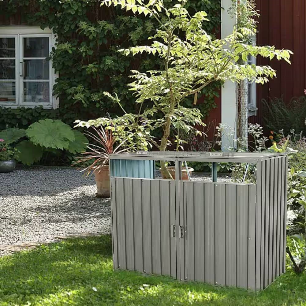 Outdoor Grey Galvanized Steel Garbage Bin Storage Shed - Holds 2 Trash Cans-3