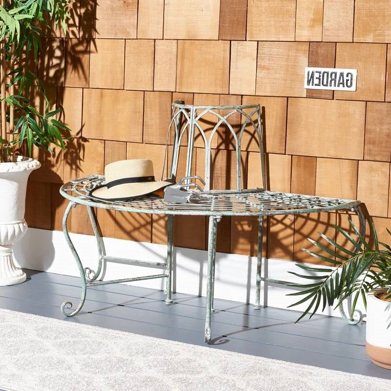 Half-Circle Outdoor Patio Garden Wrought Iron Tree Bench in Antique Green-1