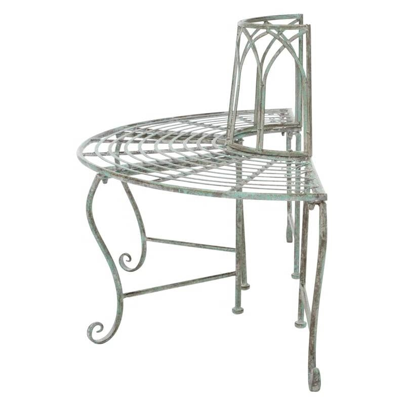 Half-Circle Outdoor Patio Garden Wrought Iron Tree Bench in Antique Green-2
