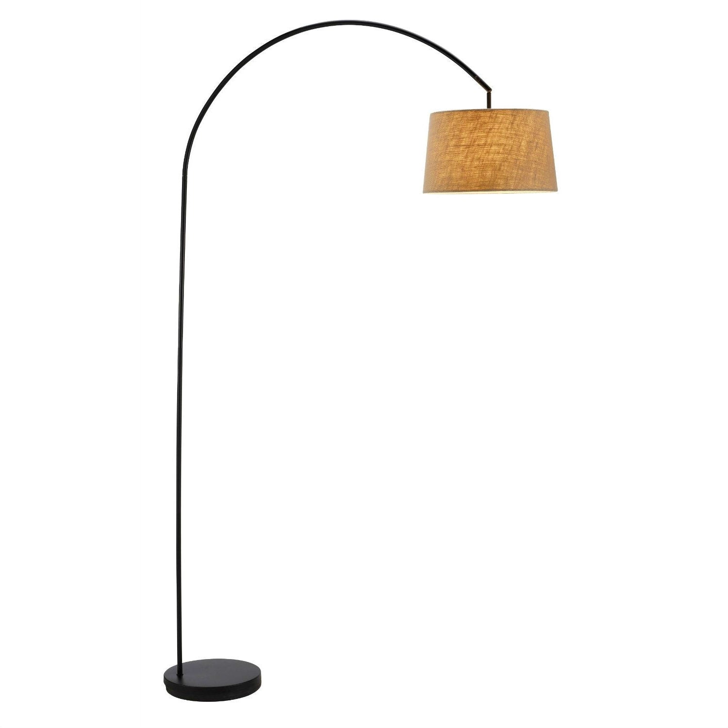 Modern Arching Floor Lamp in Matte Black with Taupe Burlap Fabric Drum Shade-0