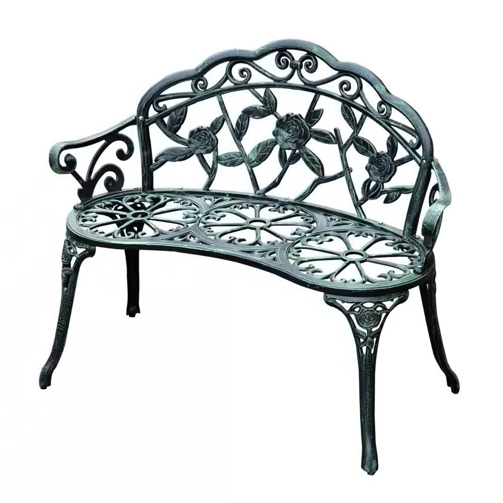 Outdoor Patio 40-inch Garden Bench with Backrest in Antique Green Metal Finish-0