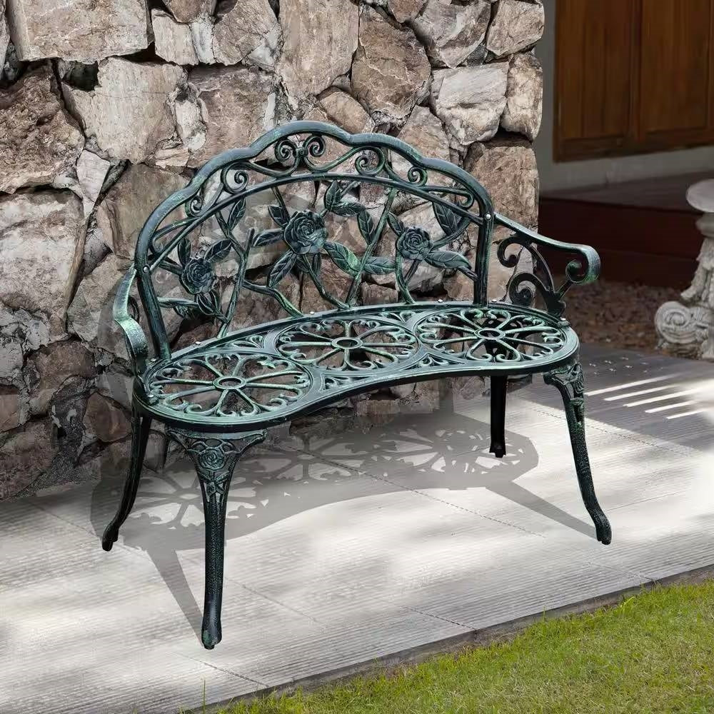 Outdoor Patio 40-inch Garden Bench with Backrest in Antique Green Metal Finish-1