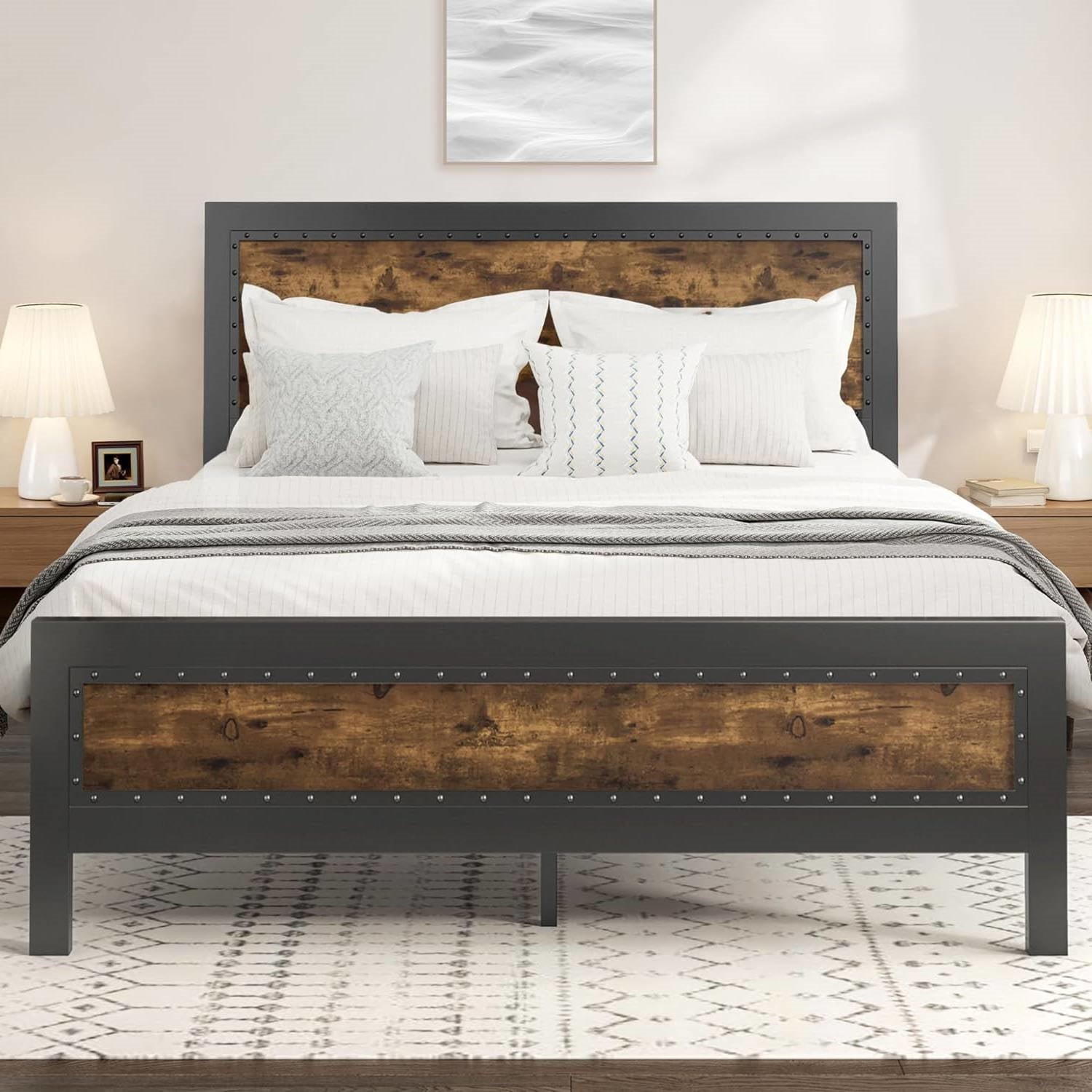 Full Industrial Rivet Platform Bed Frame with Headboard in Rustic Wood Finish-1