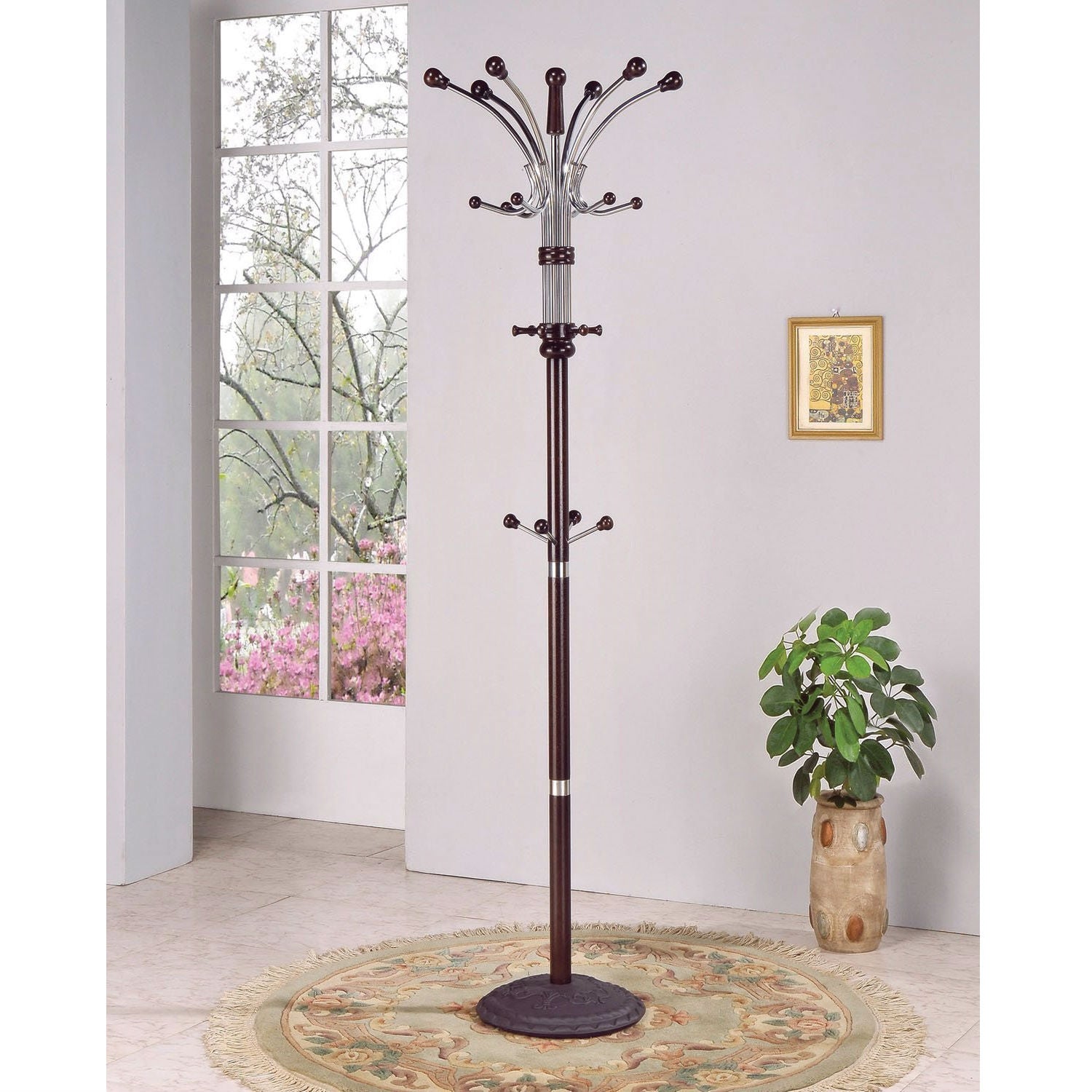 Wood and Metal Coat Rack Hat Stand with Hooks on Top and Middle-0