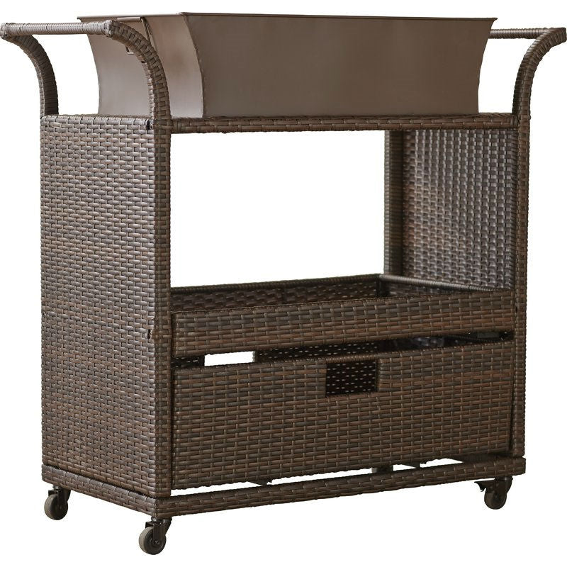 Outdoor Sturdy Resin Wicker Serving Bar Cart with Tray Brown Rattan-0