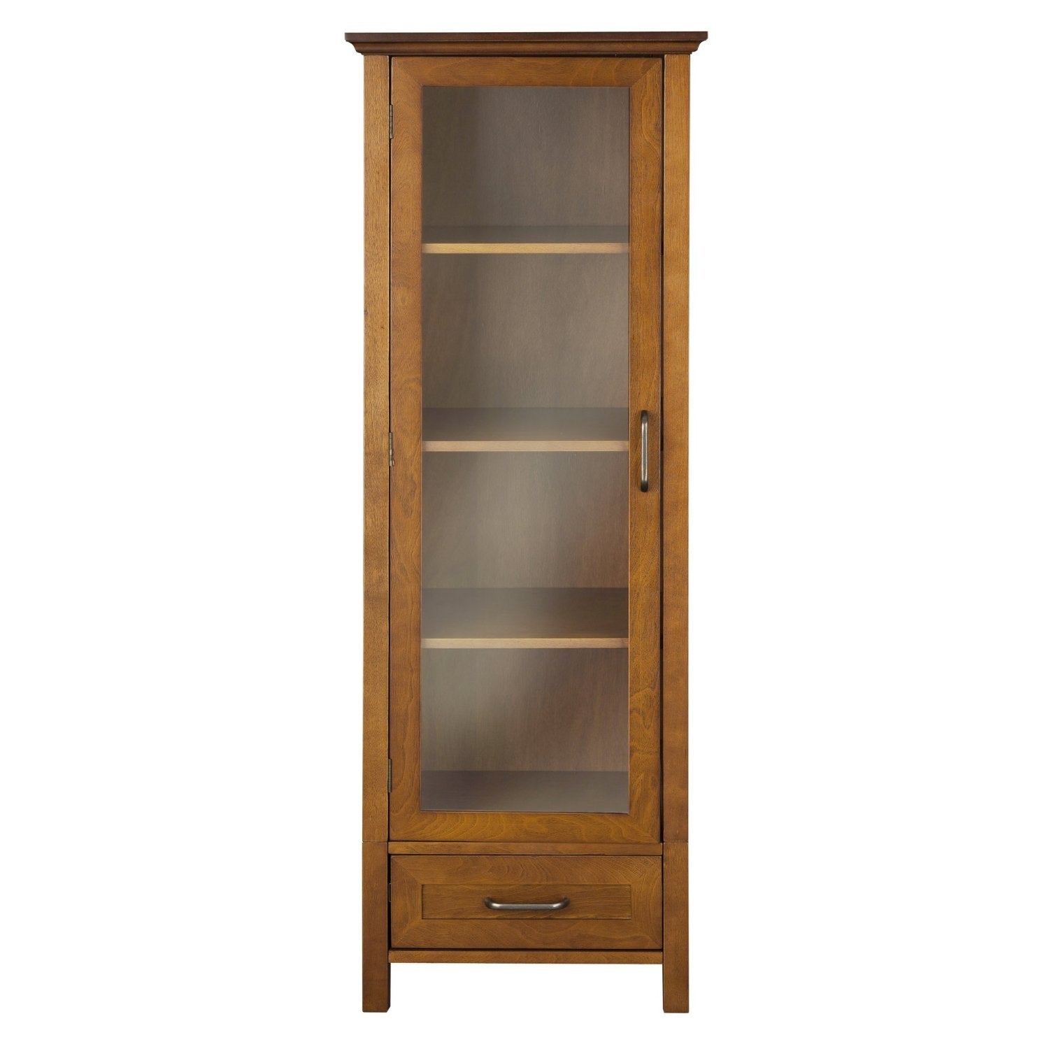 Oak Finish Linen Tower Glass Door Bathroom Storage Cabinet w/ Drawer-0