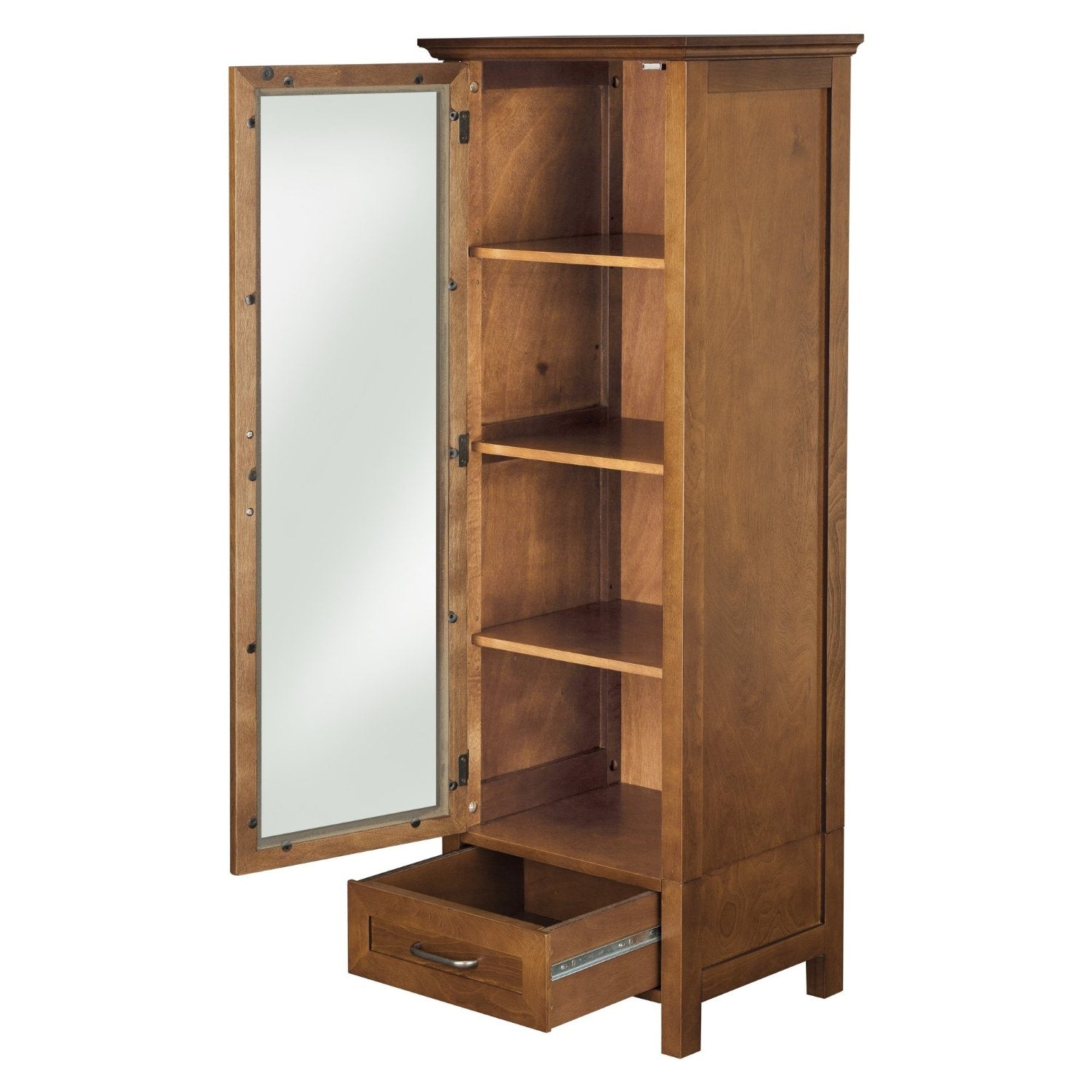 Oak Finish Linen Tower Glass Door Bathroom Storage Cabinet w/ Drawer-1