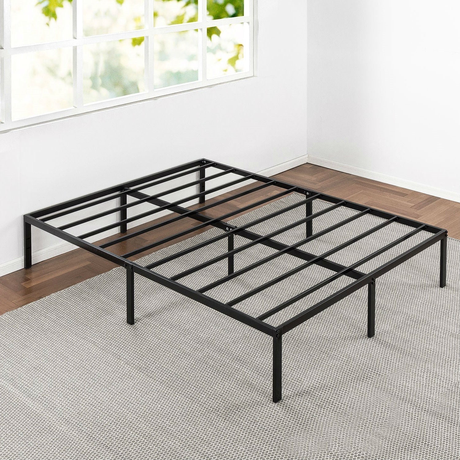 Queen size Sturdy Black Metal Platform Bed Frame with Headboard Attachments-1
