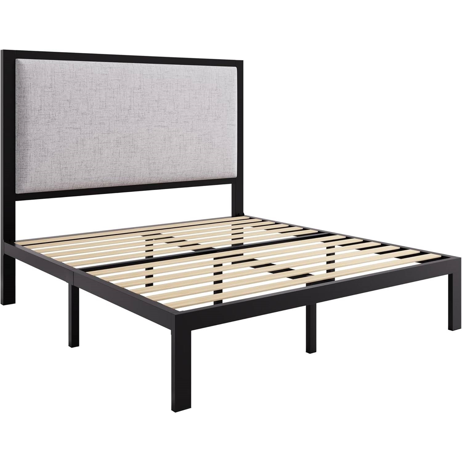 Full size Black Metal Platform Bed Frame with Grey Linen Upholstered Headboard-0