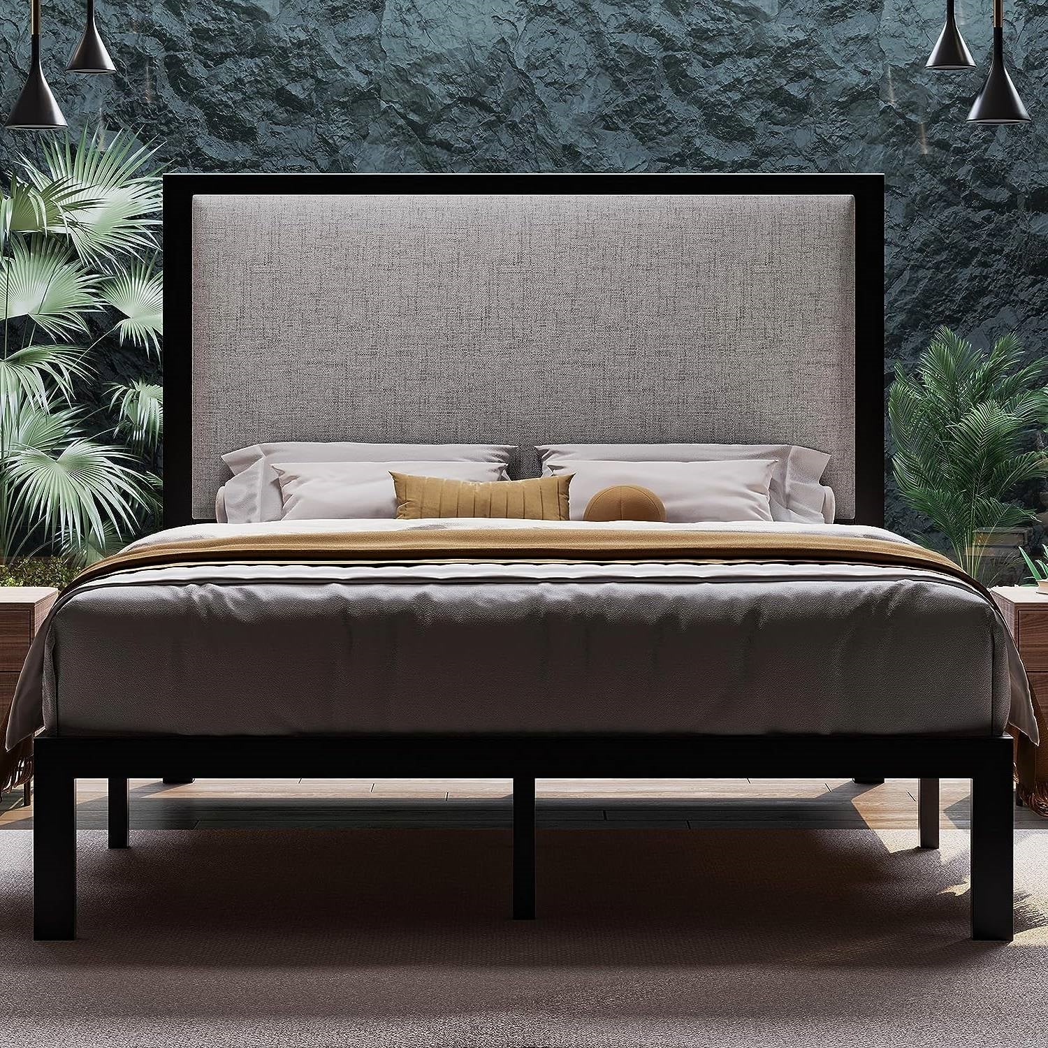 Full size Black Metal Platform Bed Frame with Grey Linen Upholstered Headboard-1