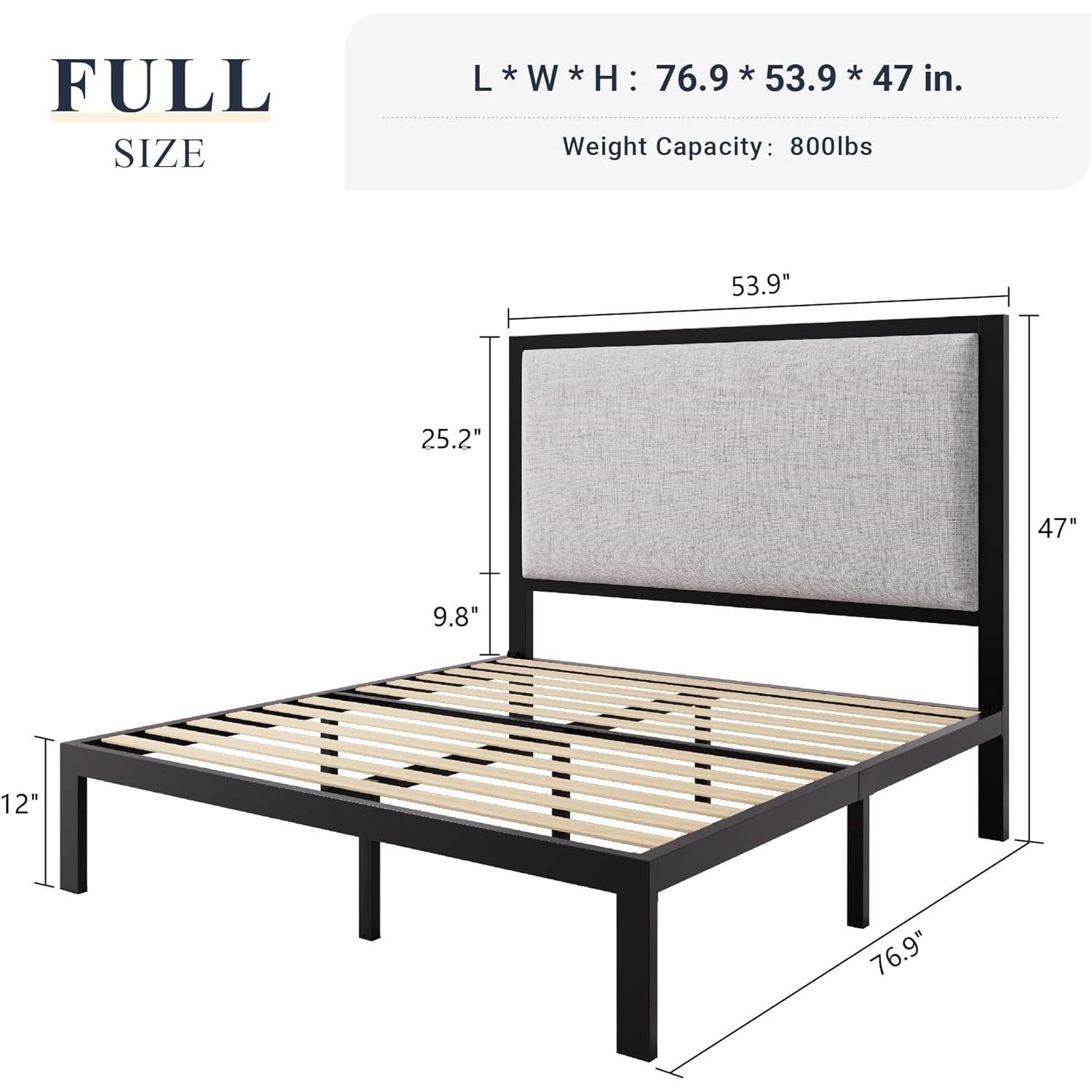 Full size Black Metal Platform Bed Frame with Grey Linen Upholstered Headboard-4