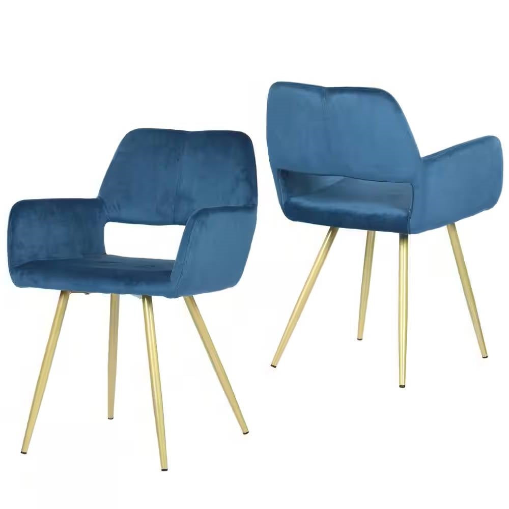 Set of 2 Modern Blue Velvet Upholstered Dining Chair with Gold Metal Legs-0