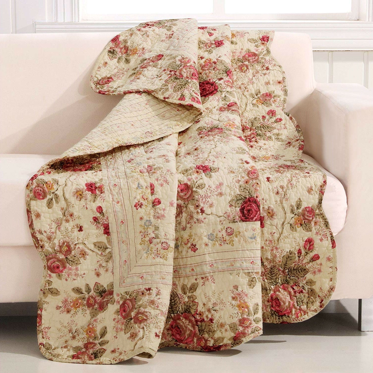 Red Pink Gold Ecru Floral Roses Quilt Throw Blanket in 100% Cotton-0