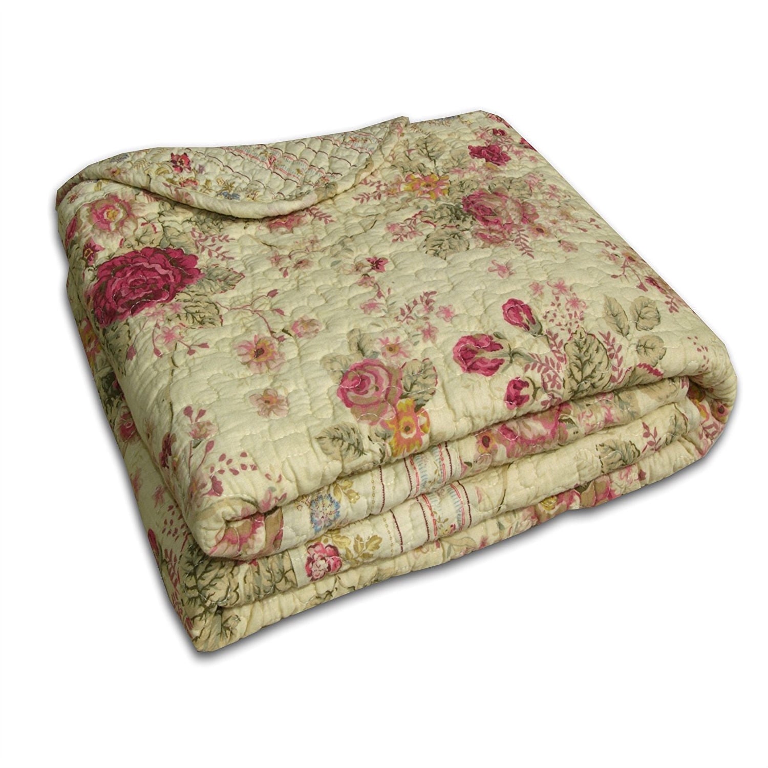 Red Pink Gold Ecru Floral Roses Quilt Throw Blanket in 100% Cotton-1