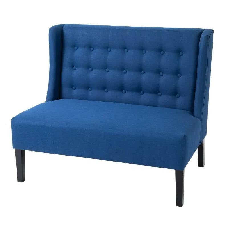 Scandinavian 2 Seater Button Tufted Loveseat Wooden Legs Blue Linen-0