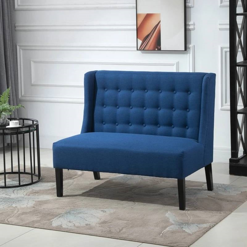 Scandinavian 2 Seater Button Tufted Loveseat Wooden Legs Blue Linen-2