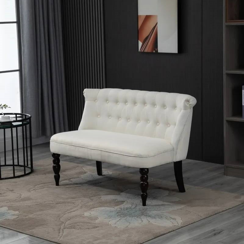 Scandinavian 2 Seater Button Tufted Loveseat Wooden Legs Cream White Linen-1