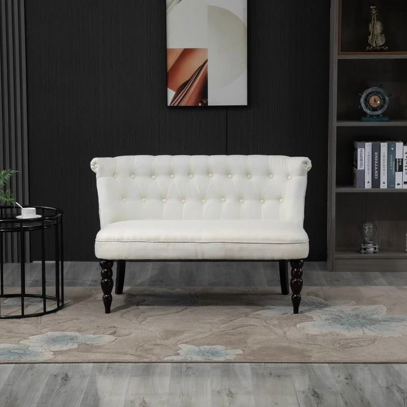 Scandinavian 2 Seater Button Tufted Loveseat Wooden Legs Cream White Linen-2