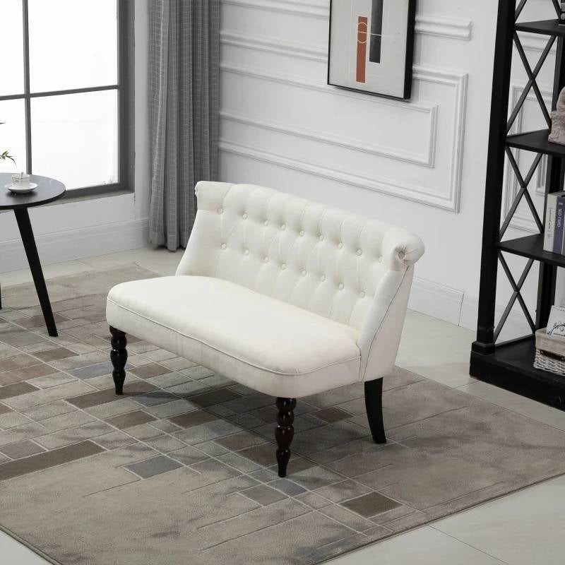 Scandinavian 2 Seater Button Tufted Loveseat Wooden Legs Cream White Linen-3