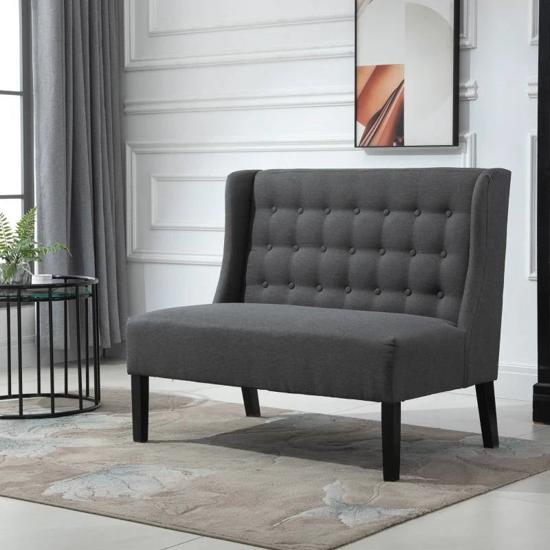 Scandinavian 2 Seater Button Tufted Loveseat Wooden Legs Gray Linen-1