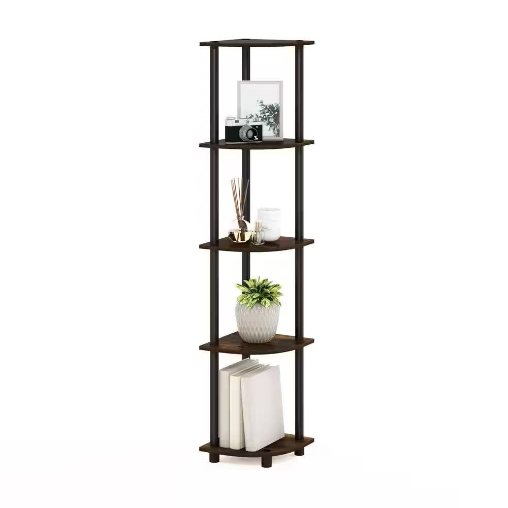 5-Shelf Modern Corner Bookcase in Black Brown Wood Finish-2