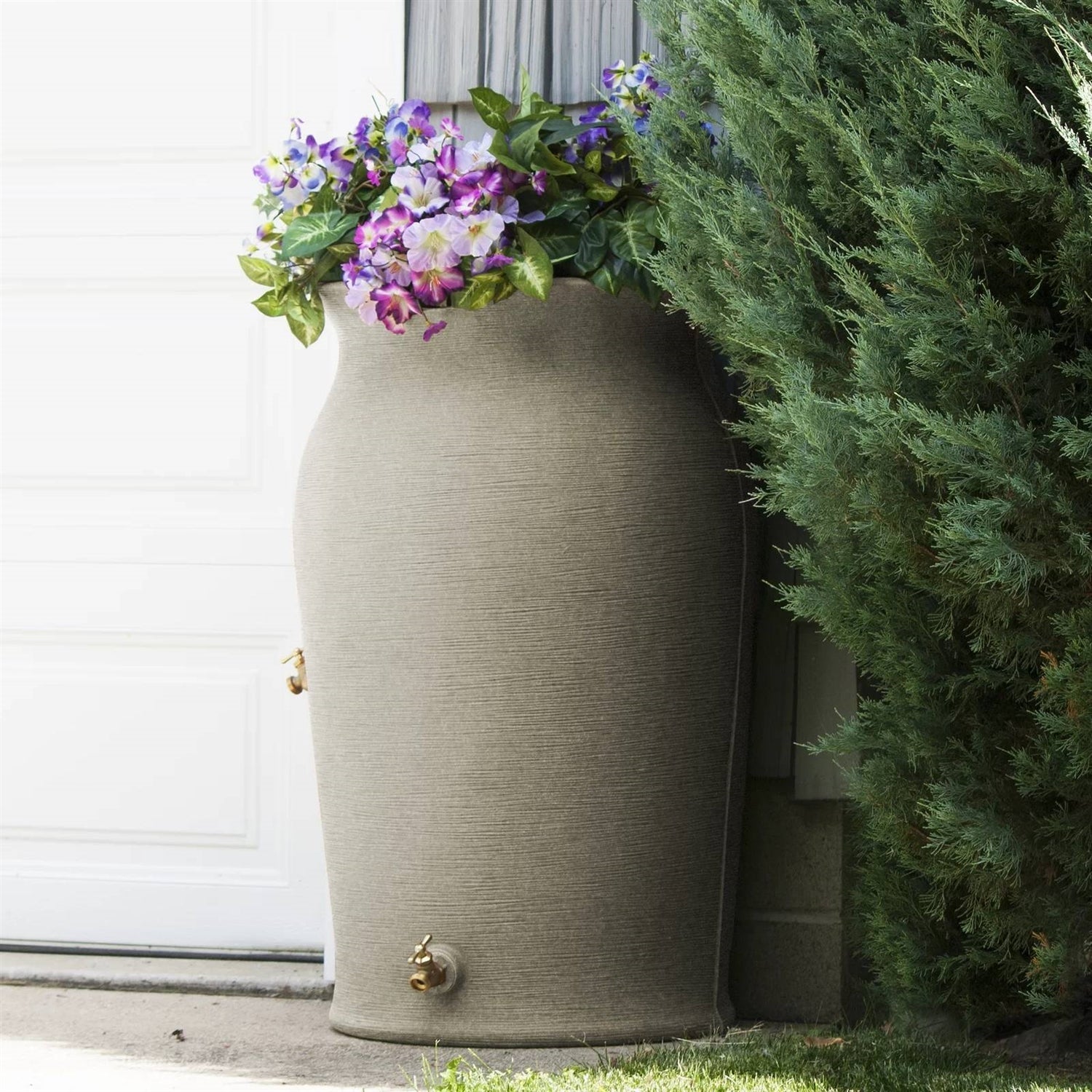 Grey SandStone 50-Gallon Plastic Urn Rain Barrel with Planter Top-3