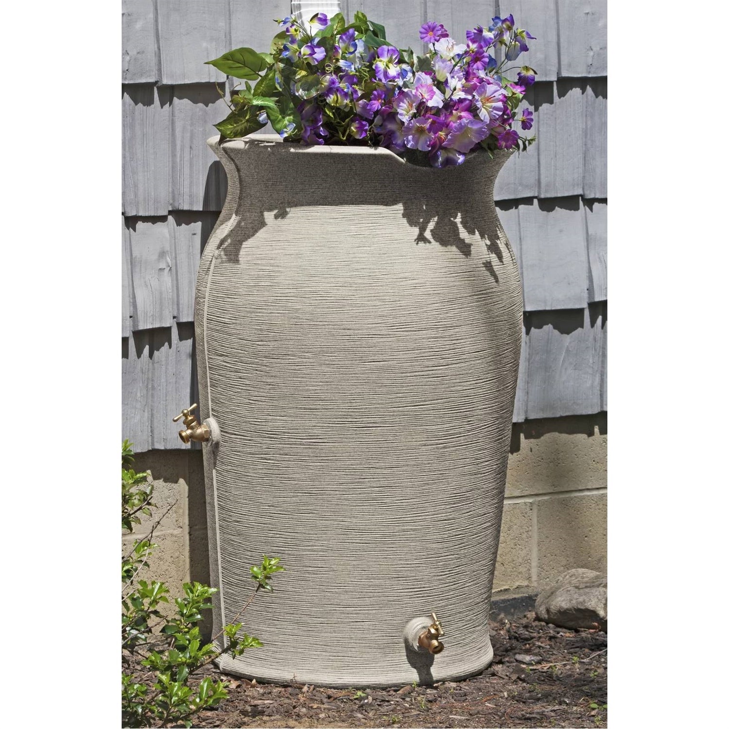 Grey SandStone 50-Gallon Plastic Urn Rain Barrel with Planter Top-4