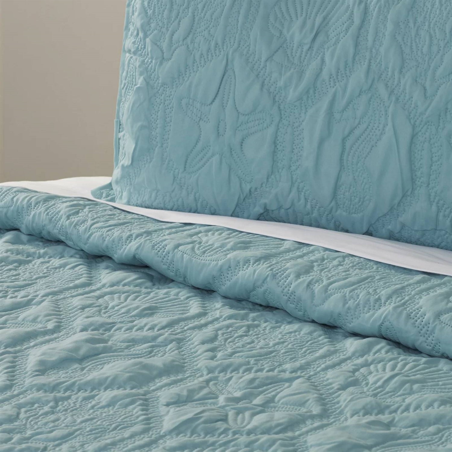 Queen Coastal Beach Starfish Seashell Seahorse Aqua Blue Teal 3-Piece Quilt Set-2