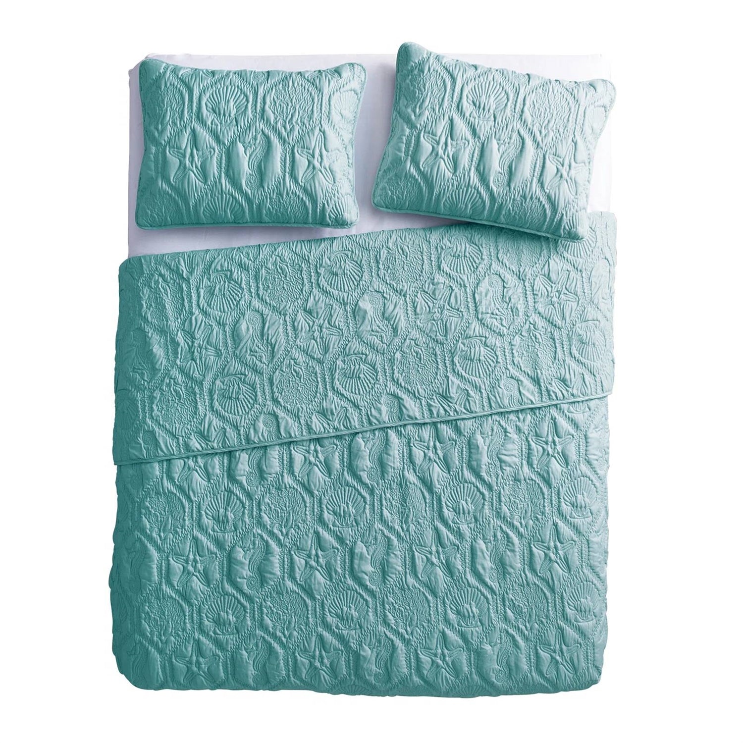 Queen Coastal Beach Starfish Seashell Seahorse Aqua Blue Teal 3-Piece Quilt Set-3