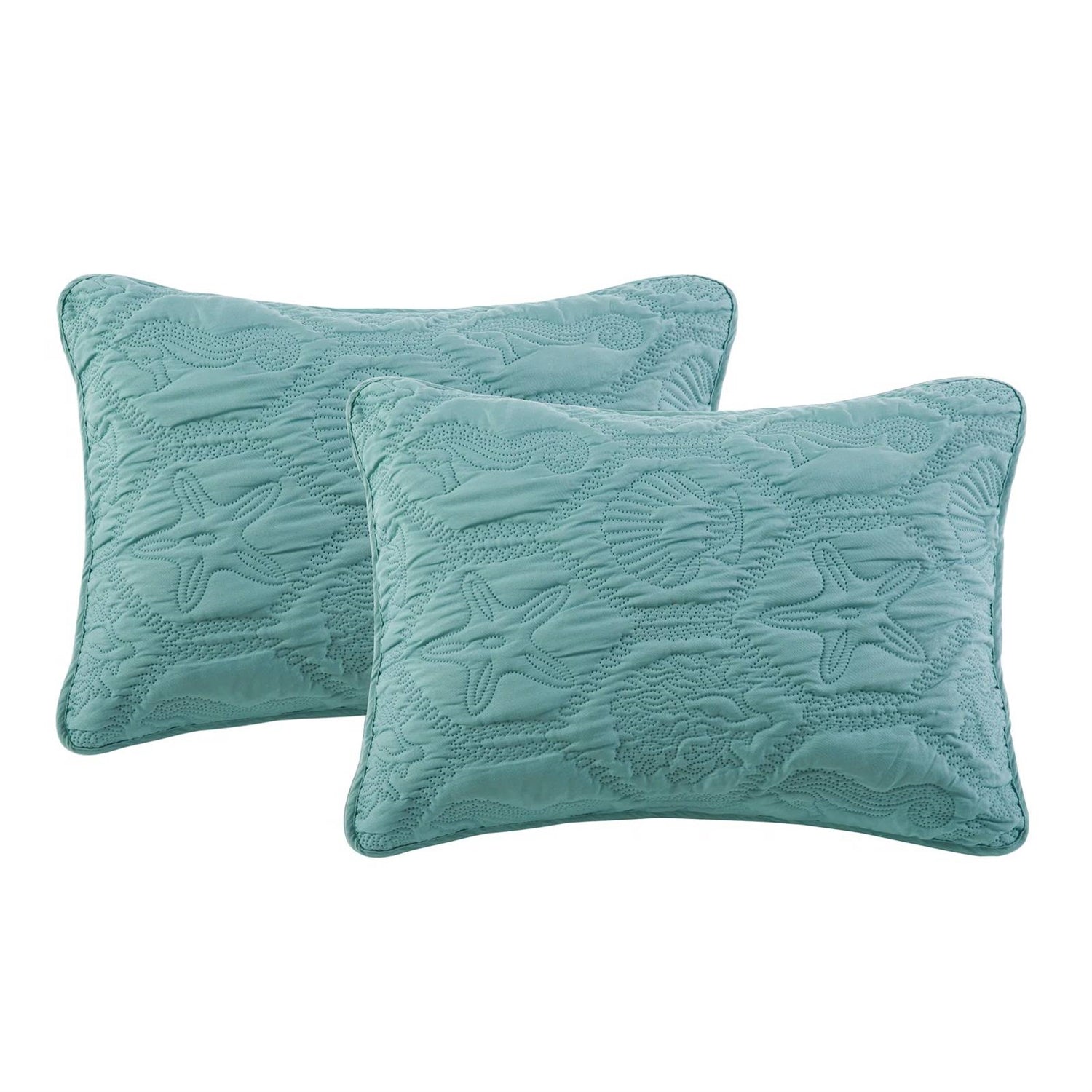 Queen Coastal Beach Starfish Seashell Seahorse Aqua Blue Teal 3-Piece Quilt Set-4