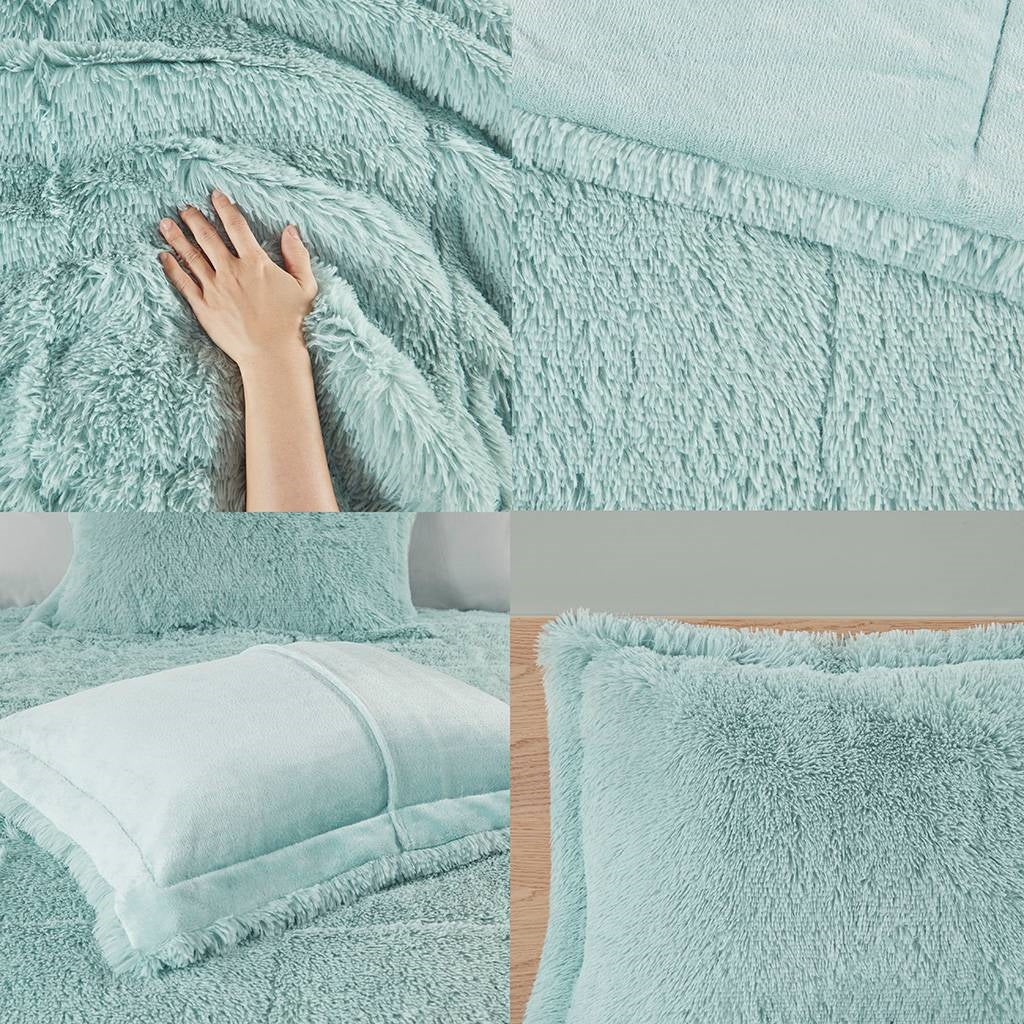 Full/Queen Soft Sherpa Faux Fur 3-Piece Comforter Set in Light Teal Blue-1