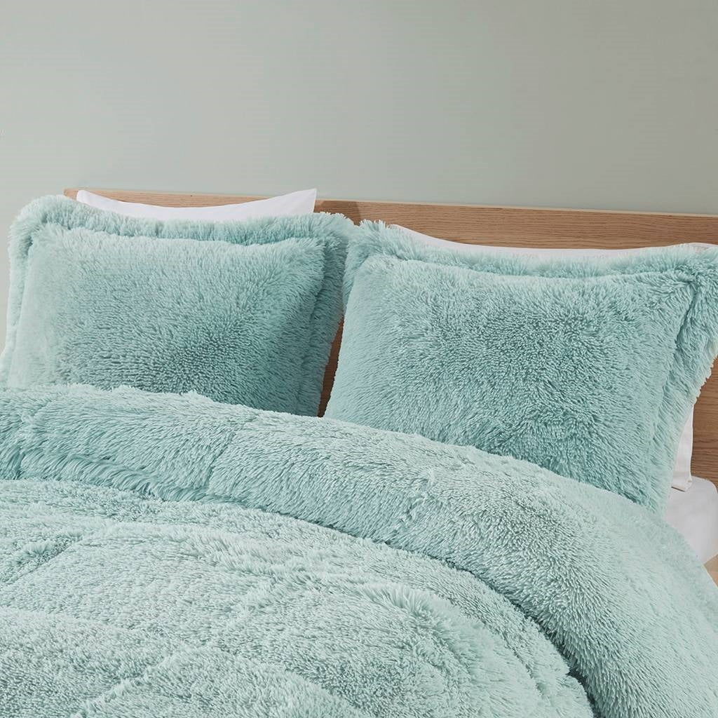 Full/Queen Soft Sherpa Faux Fur 3-Piece Comforter Set in Light Teal Blue-2