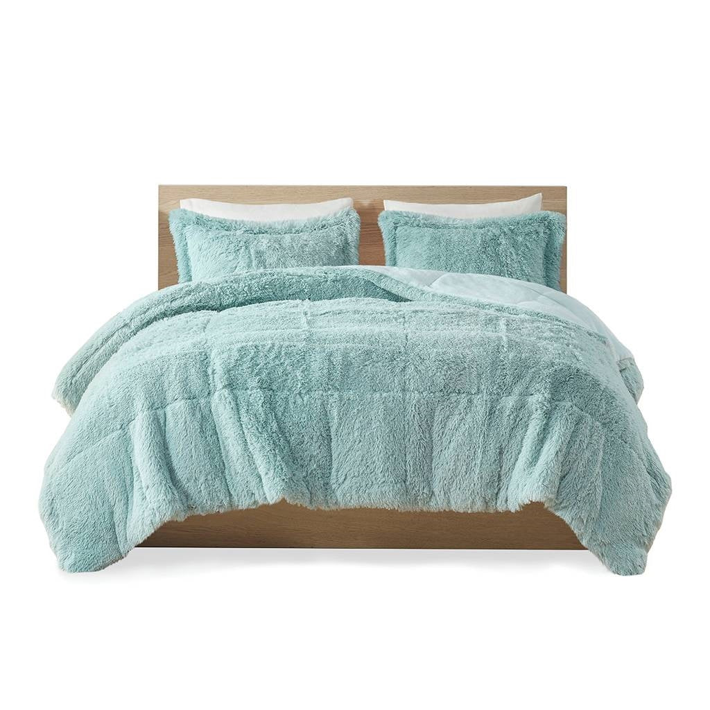 Full/Queen Soft Sherpa Faux Fur 3-Piece Comforter Set in Light Teal Blue-3