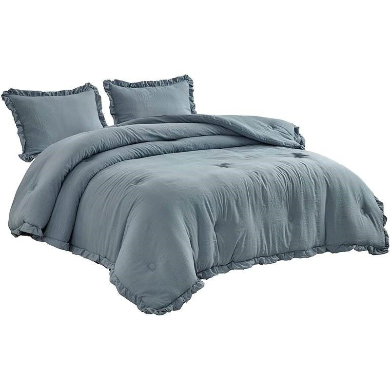 Full Size Blue Stone Washed Ruffled Edge Microfiber 3-Piece Comforter Set-0