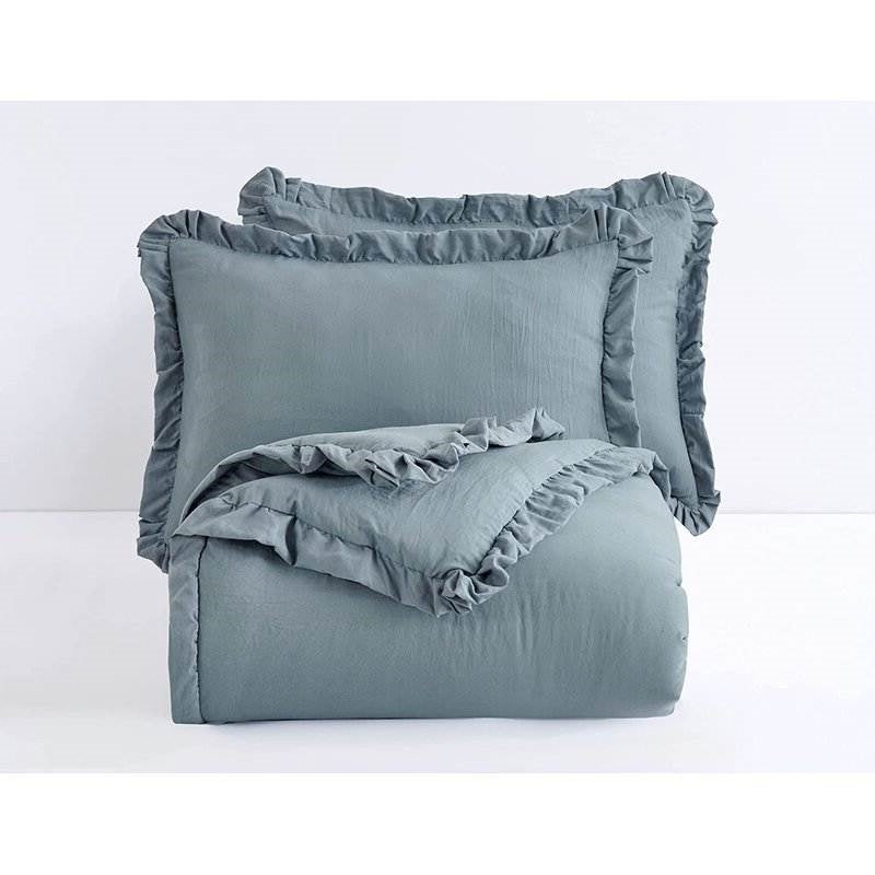 Full Size Blue Stone Washed Ruffled Edge Microfiber 3-Piece Comforter Set-2