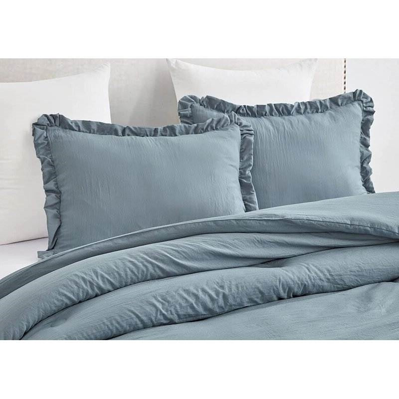 Full Size Blue Stone Washed Ruffled Edge Microfiber 3-Piece Comforter Set-3