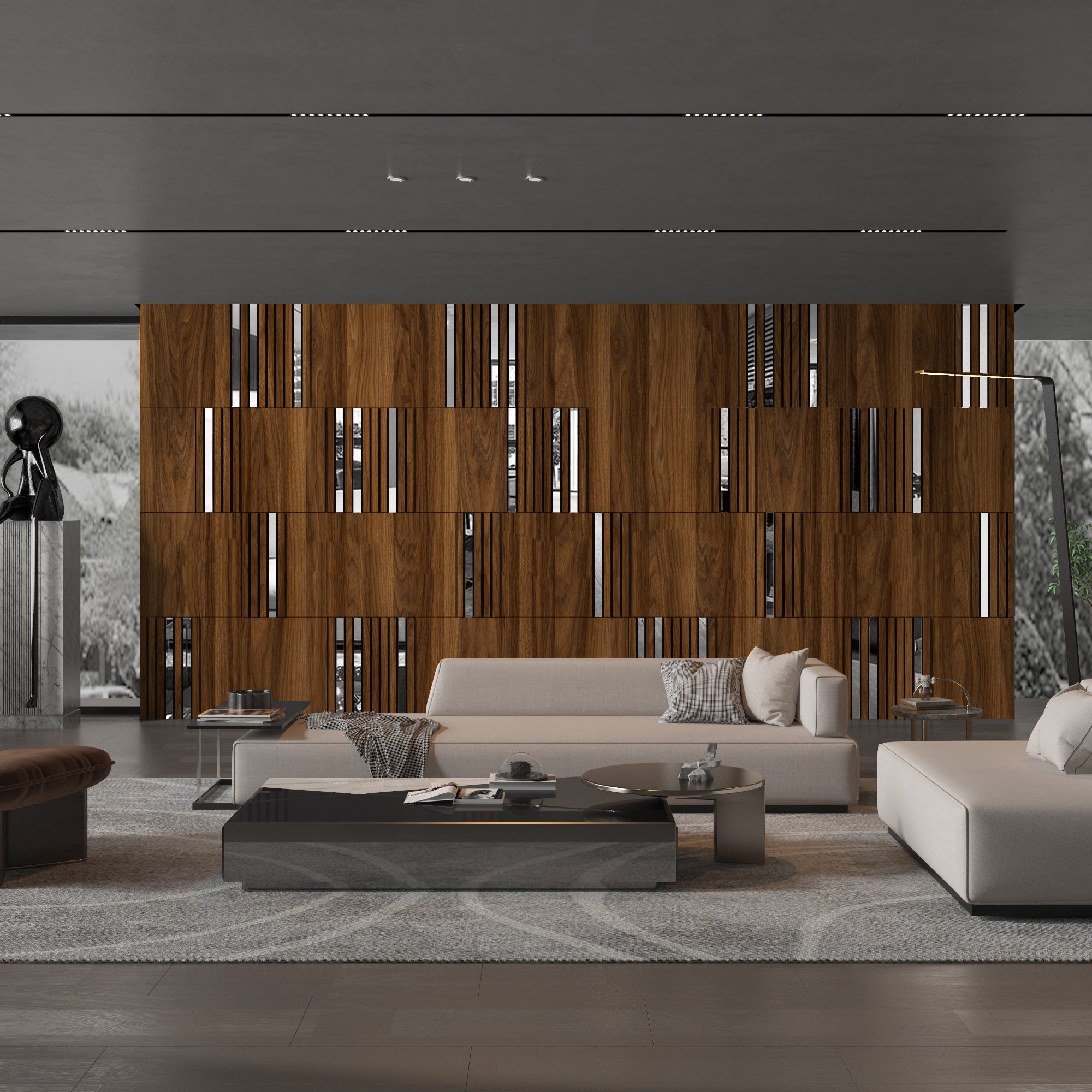 Modular Dark Wood & Mirror Wall Panels-0