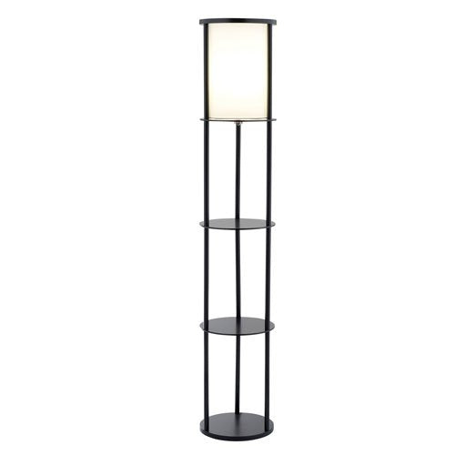 Modern Asian Style Round Shelf Floor Lamp in Black with White Shade-0