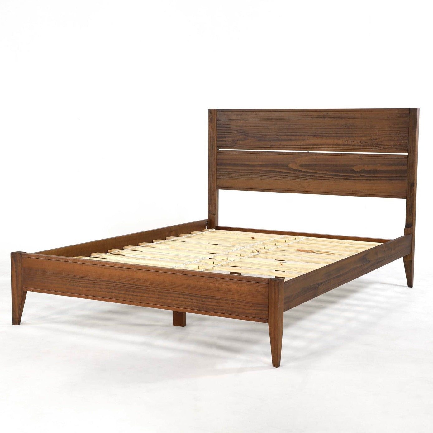 Full Size Rustic Walnut Mid Century Slatted Platform Bed-0